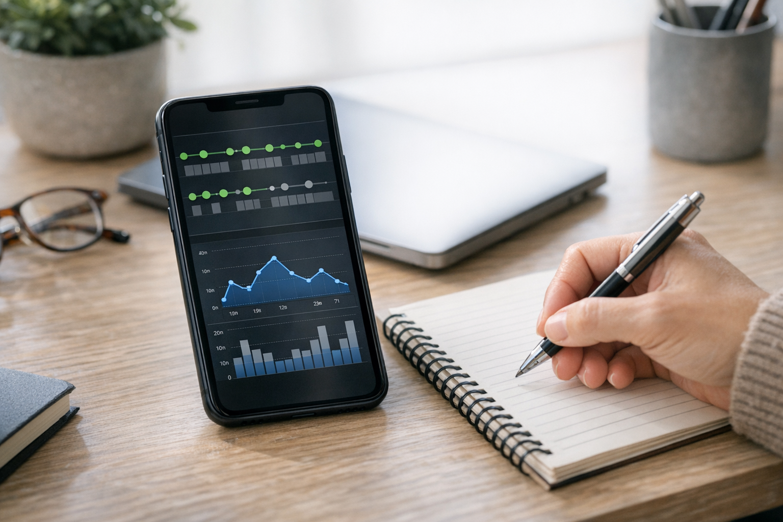 Gros plan réaliste sur un smartphone affichant une chronologie de statut en lign...