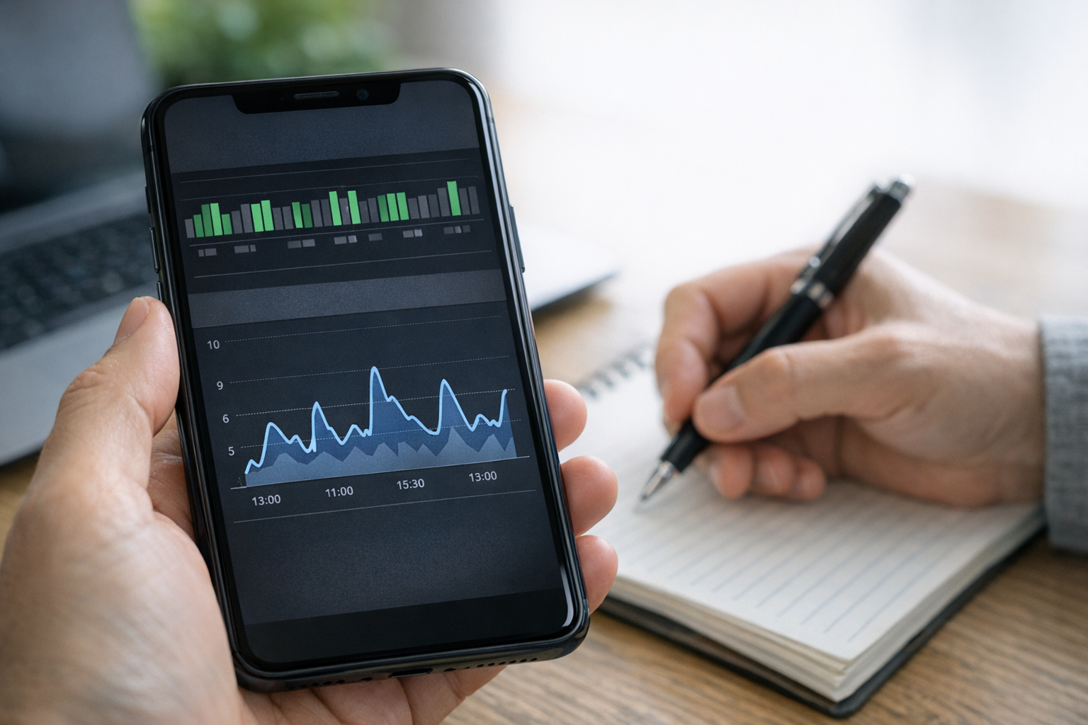 Um close realista de um smartphone exibindo uma linha do tempo de status online ...