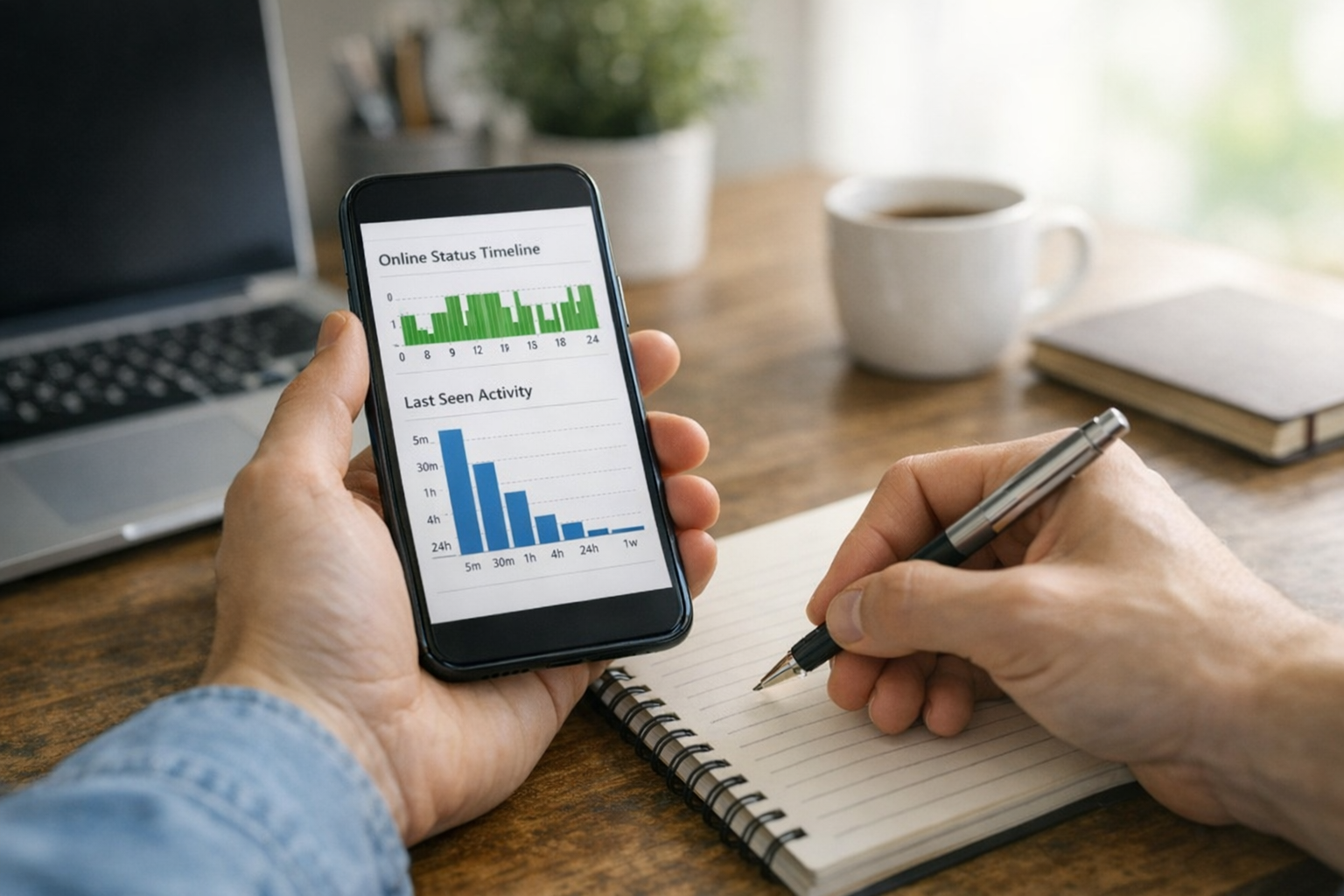 사용자가 옆에서 메모를 하며 스마트폰 화면의 온라인 상태 타임라인과 마지막 접속 활동 차트를 확인하는 현실적인 클로즈업, 현대적인 홈오피스 배경...