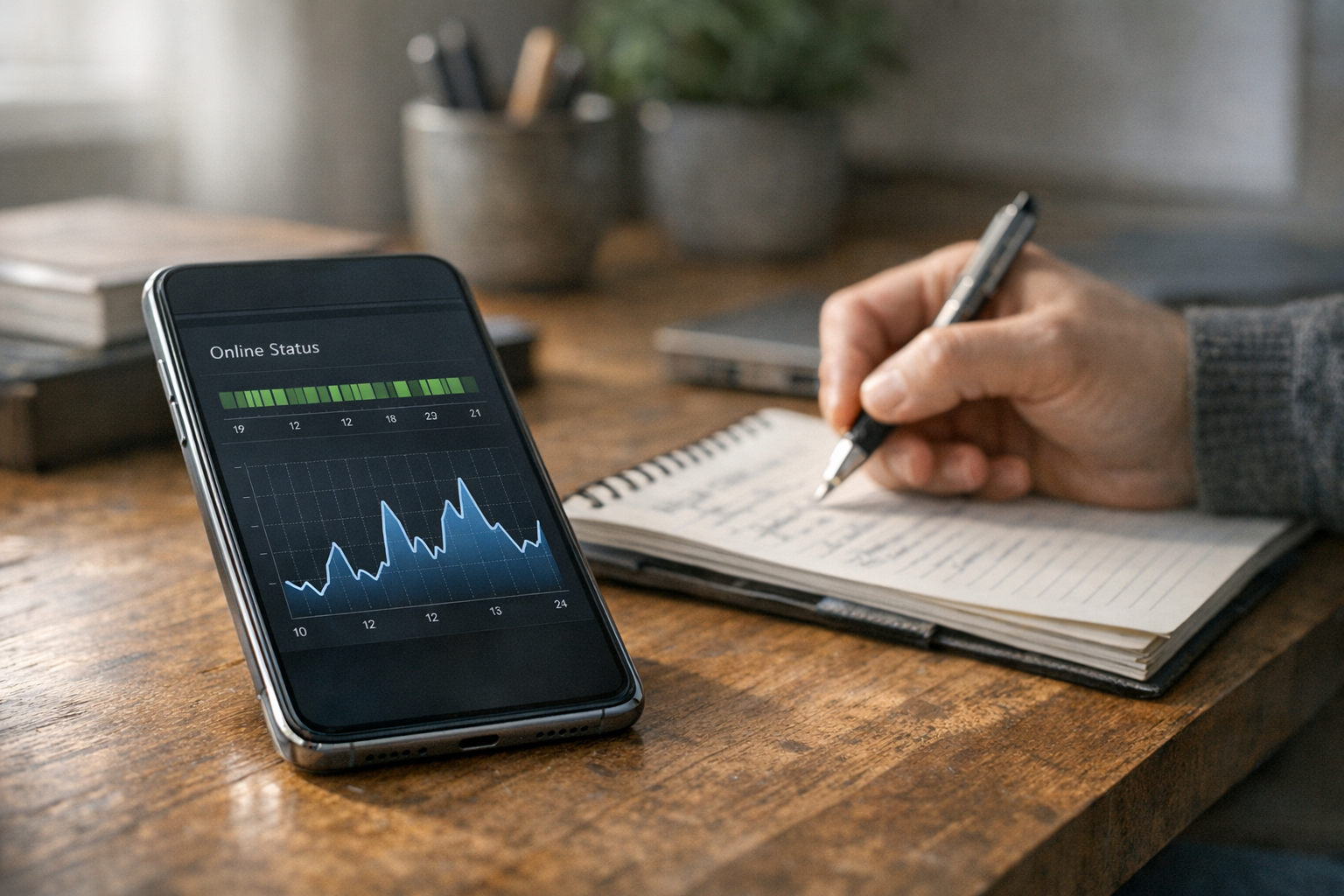 Реалистичный крупный план смартфона с таймлайном онлайн-статуса и графиком last ...