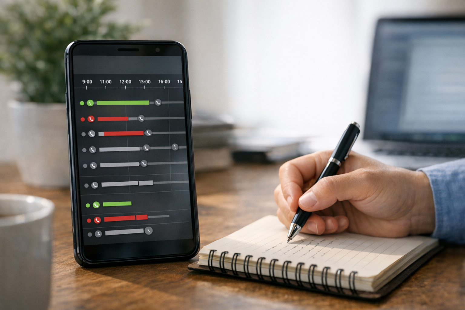 لقطة واقعية مقرّبة لهاتف ذكي يعرض مخططًا زمنيًا لحالة الاتصال ونشاط آخر ظهور، بي...
