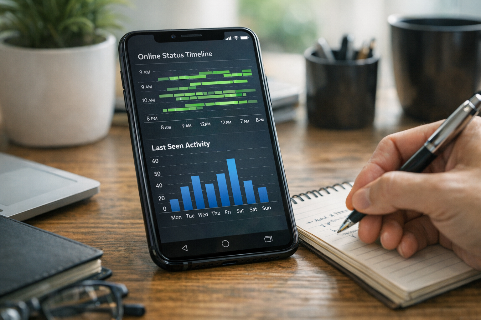 स्मार्टफ़ोन का यथार्थवादी क्लोज़-अप, जिसमें ऑनलाइन स्टेटस टाइमलाइन और last seen ...