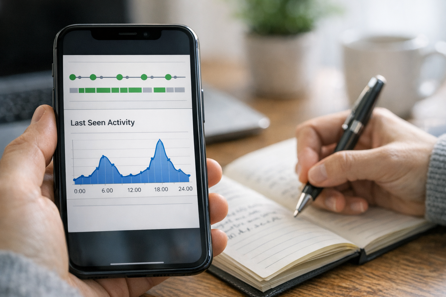 Életszerű közeli kép egy okostelefonról, amely online állapot-idővonalat és utol...