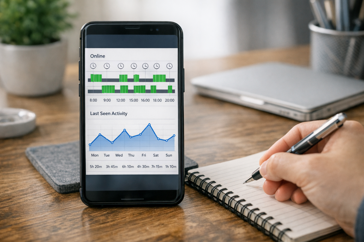 Un primo piano realistico di uno smartphone che mostra una timeline dello stato ...