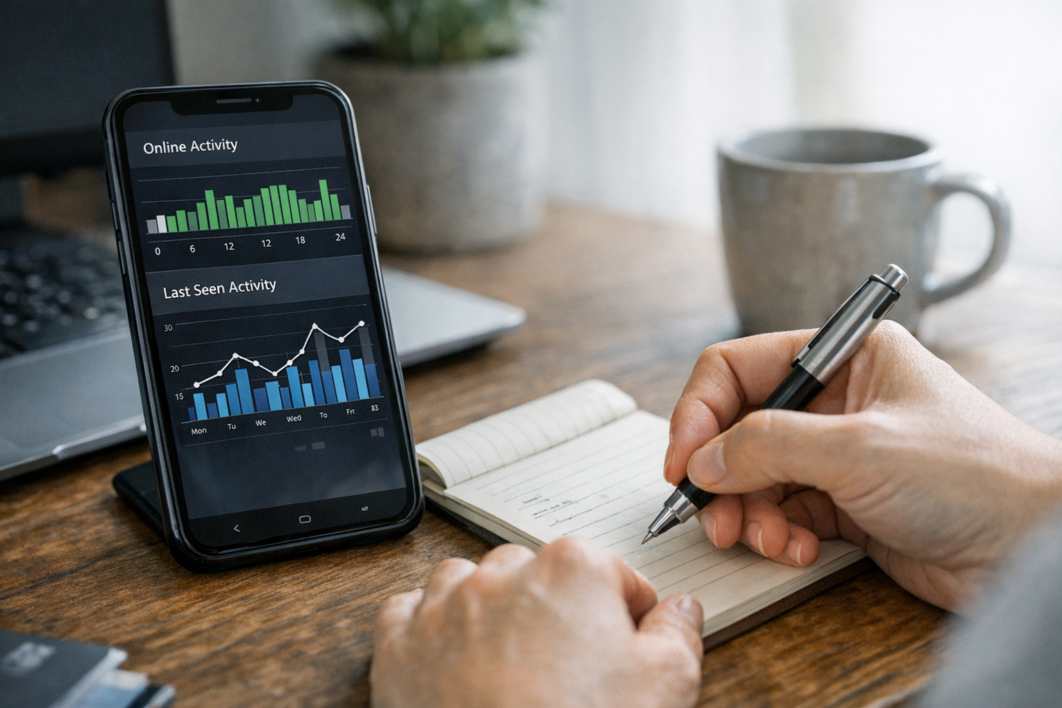 スマートフォンにオンライン状況のタイムラインと最終ログインのアクティビティチャートが表示され、その横でユーザーがメモを取っているリアルなクローズアップ。現代的な...