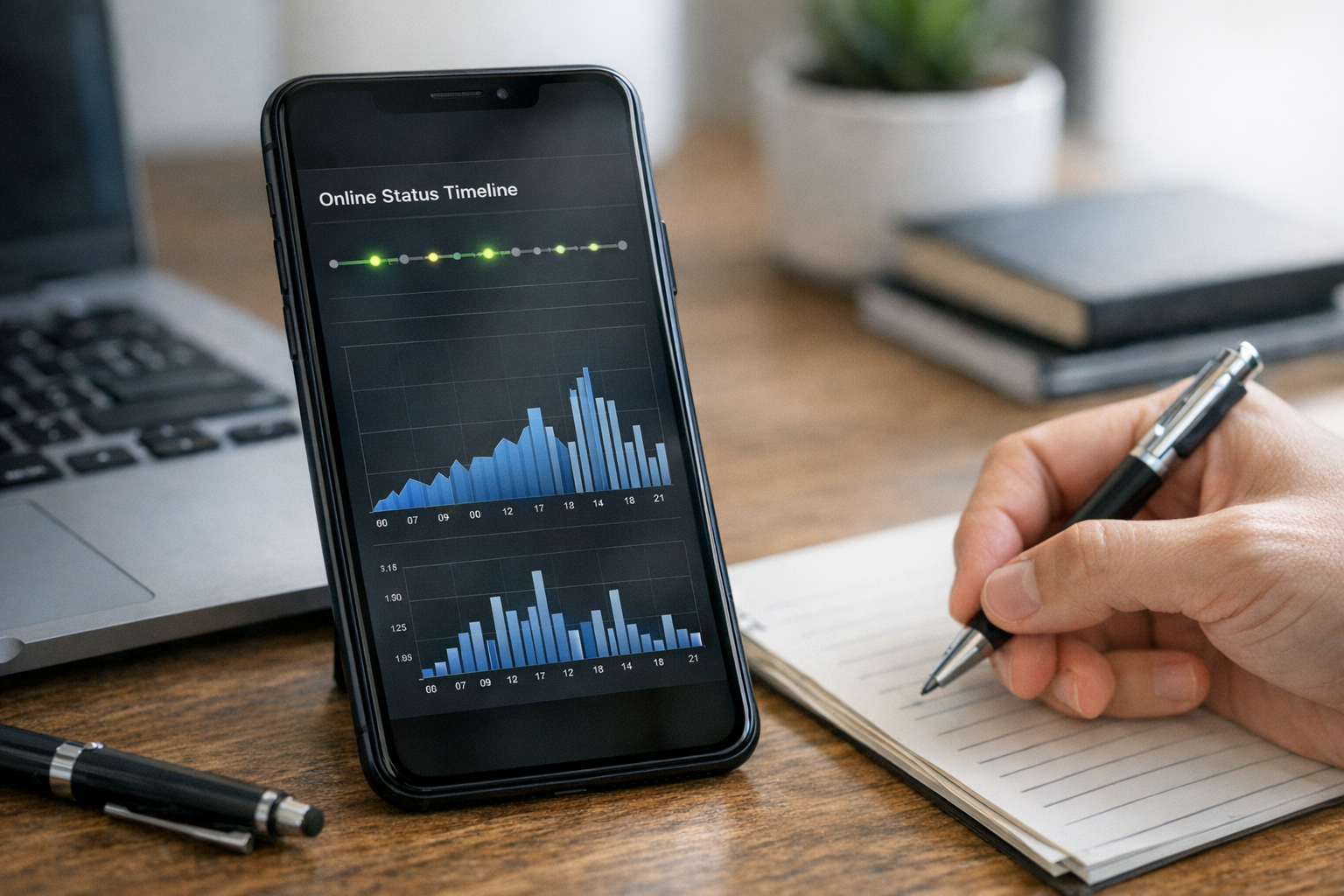 Close-up realistis sebuah smartphone yang menampilkan timeline status online dan...