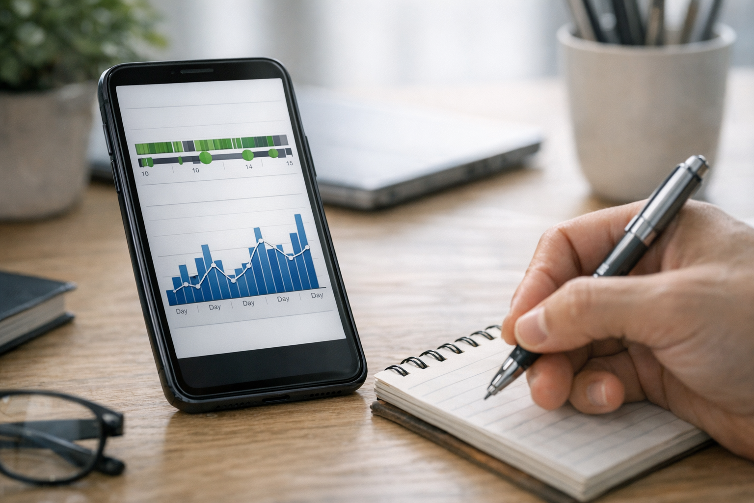 En realistisk närbild av en smartphone som visar en tidslinje för online-status ...