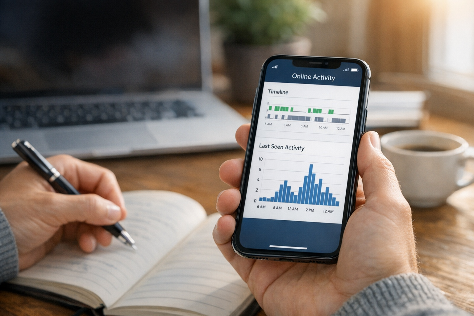 Bir kullanıcının yanında not alırken, akıllı telefon ekranında çevrimiçi durum z...