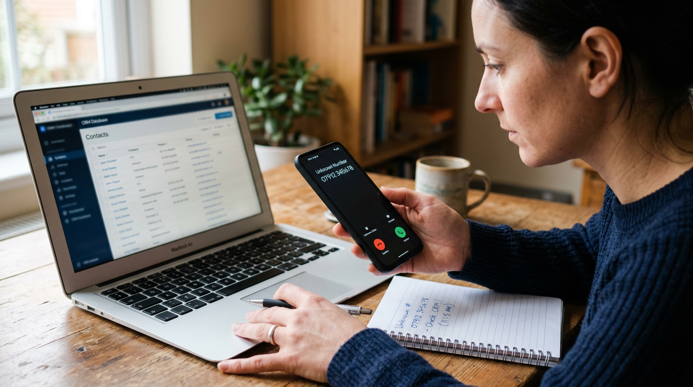 Et realistisk nærbillede af en person, der bruger en smartphone ved siden af en bærbar computer med en sløret kontaktoversigt...