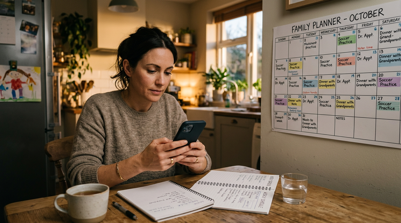 En realistisk familierettet planlægningsscene, hvor en voksen ser på en telefon, mens en vægkalender og notesbog antyder rutinesporing...