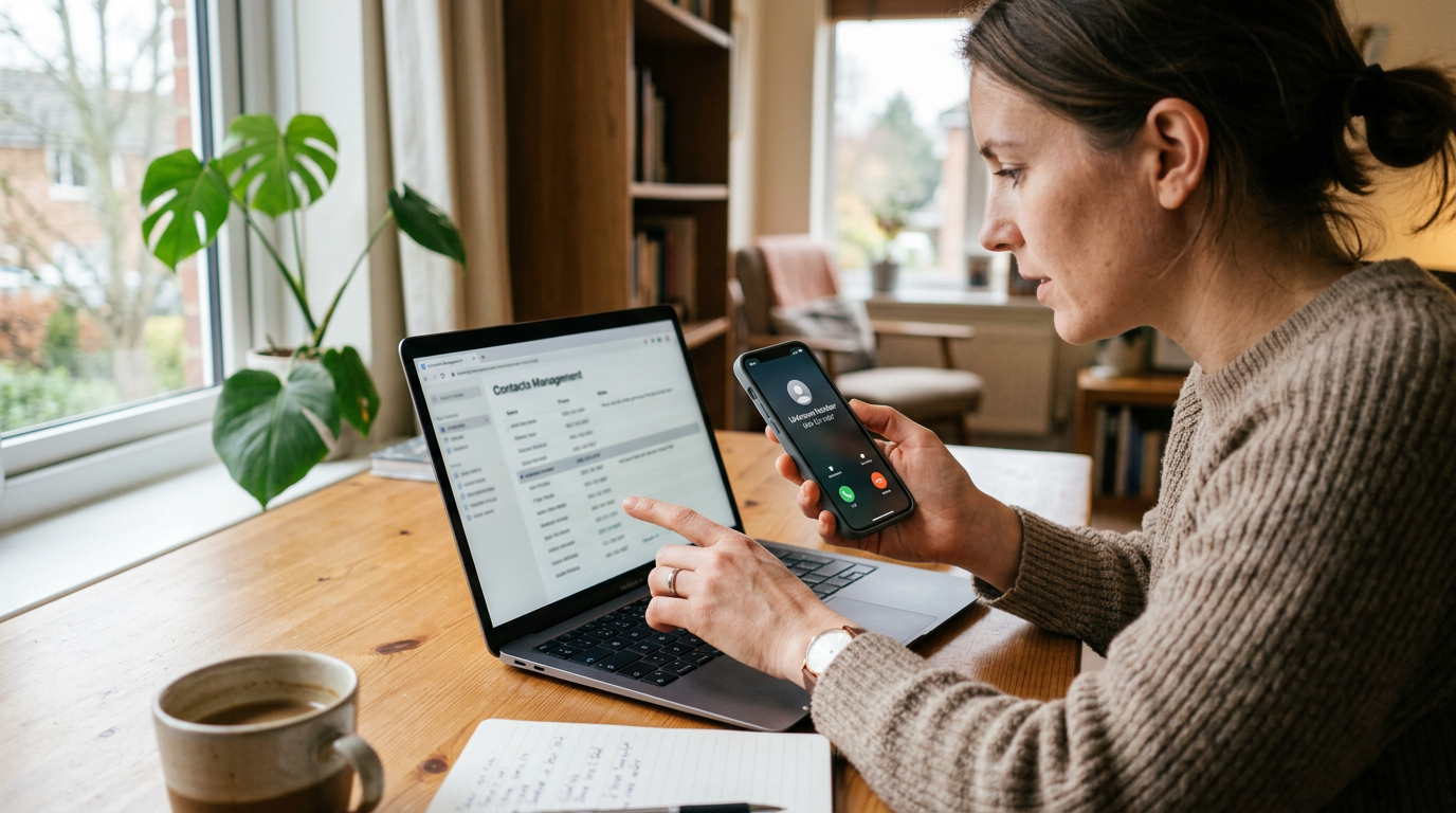 لقطة واقعية قريبة لشخص يستخدم هاتفاً ذكياً بجانب حاسوب محمول يعرض واجهة إدارة جه...