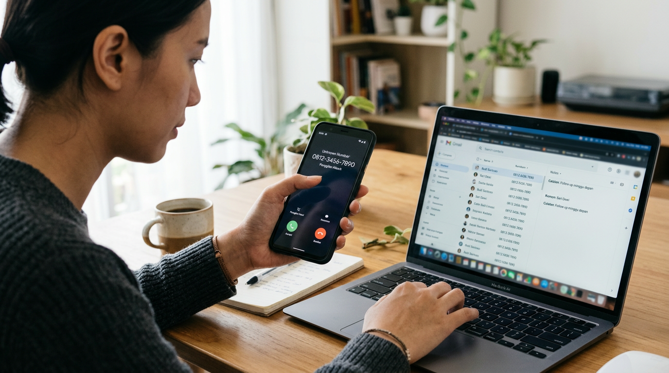Close-up realistis seorang pengguna sedang memakai smartphone di samping laptop ...