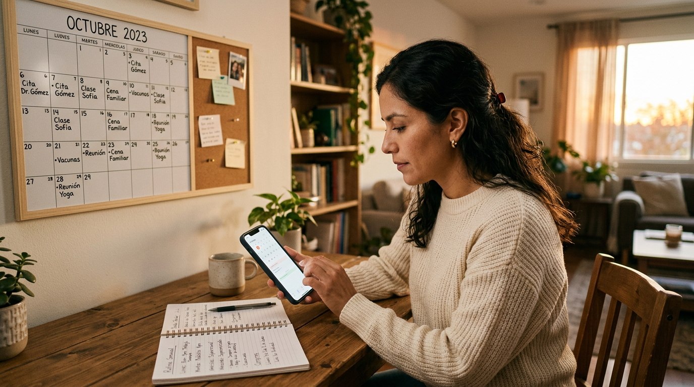 Una escena realista de planificación familiar con un adulto revisando un teléfon...