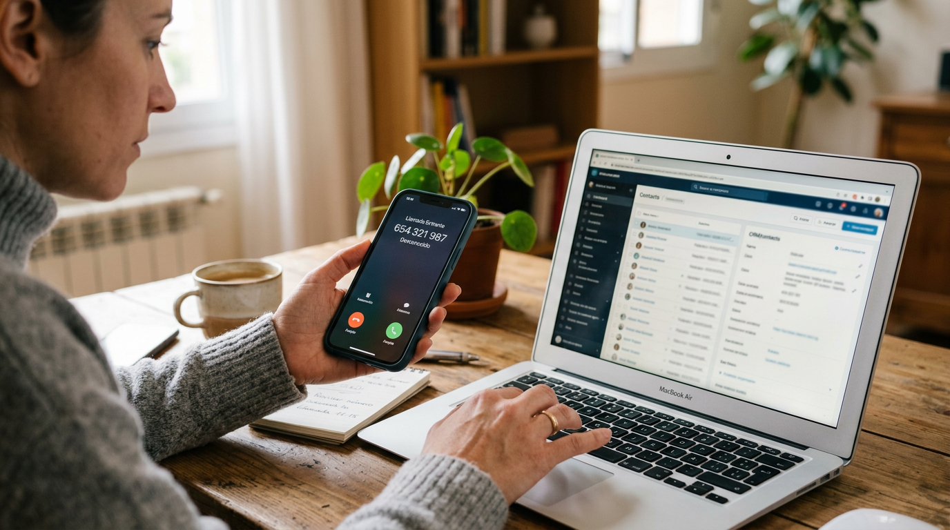 Un primer plano realista de una persona usando un smartphone junto a un portátil...