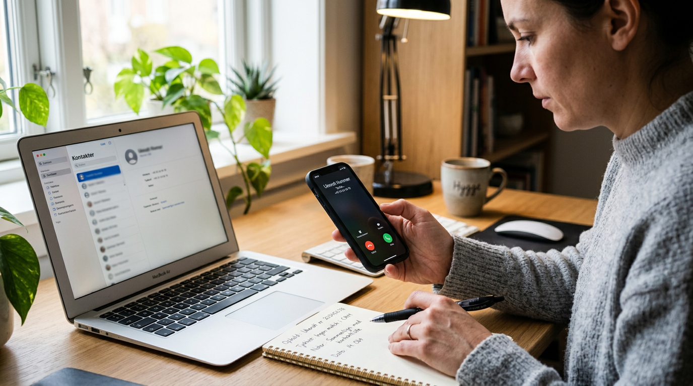 Et realistisk nærbillede af en person, der bruger en smartphone ved siden af en ...