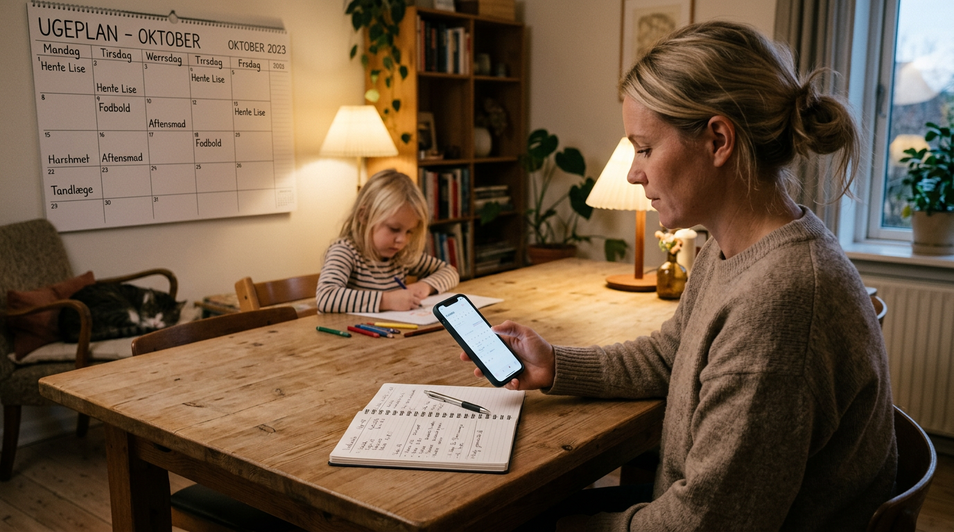 En realistisk familierettet planlægningsscene, hvor en voksen gennemgår en telef...