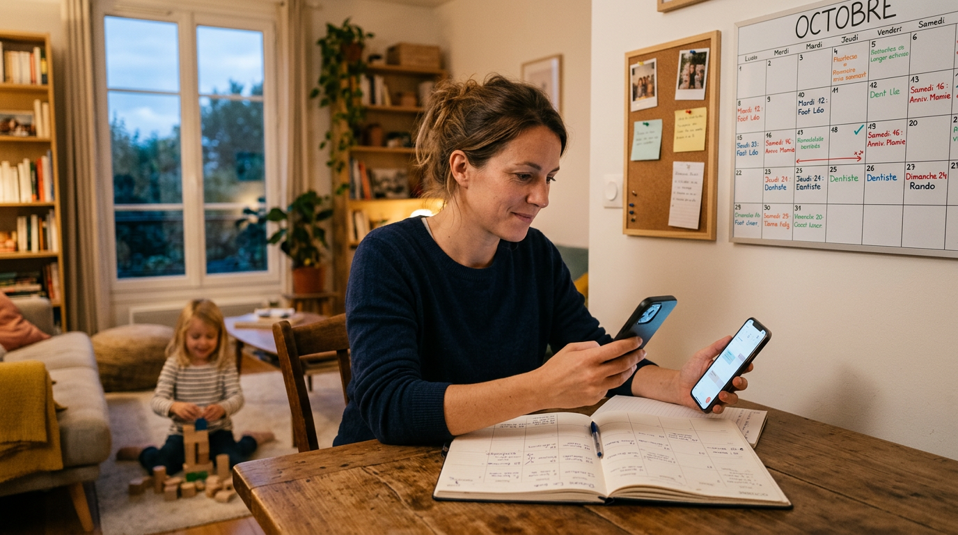 Une scène réaliste orientée famille montrant un adulte consultant un téléphone t...