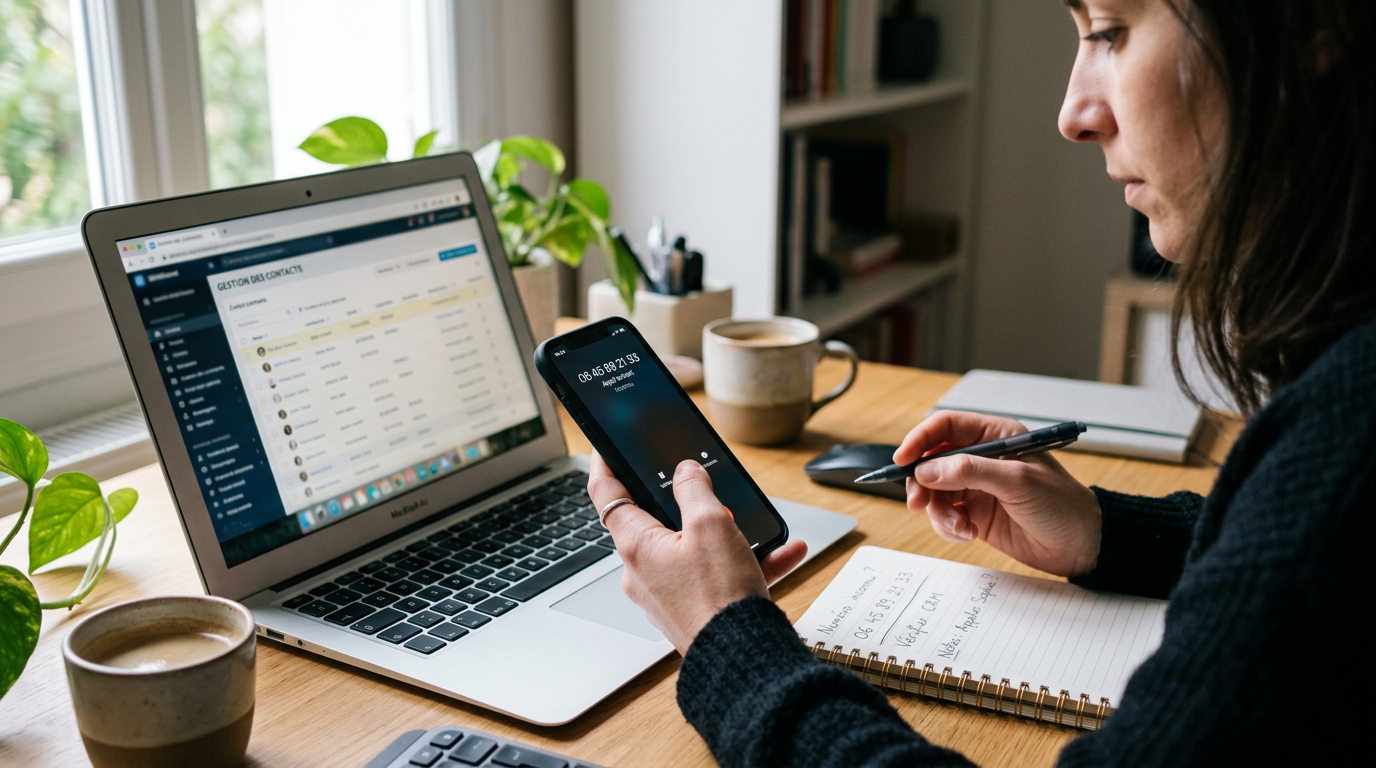 Un gros plan réaliste d’une personne utilisant un smartphone à côté d’un ordinat...