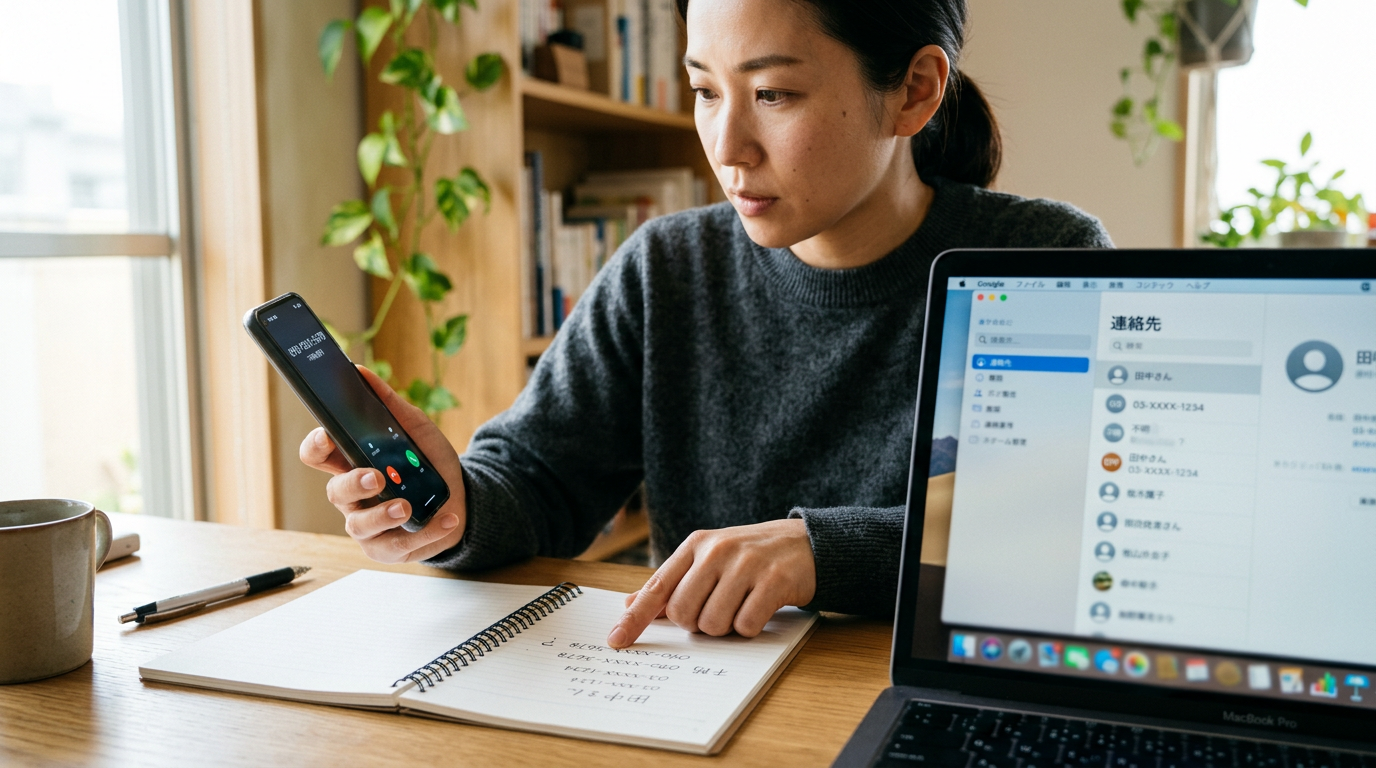 不明な番号を確認し、メモと見比べる瞬間を強調した、スマートフォンを操作する人物のリアルなクローズアップ。横にはぼかした連絡先管理インターフェースを表示したノート...
