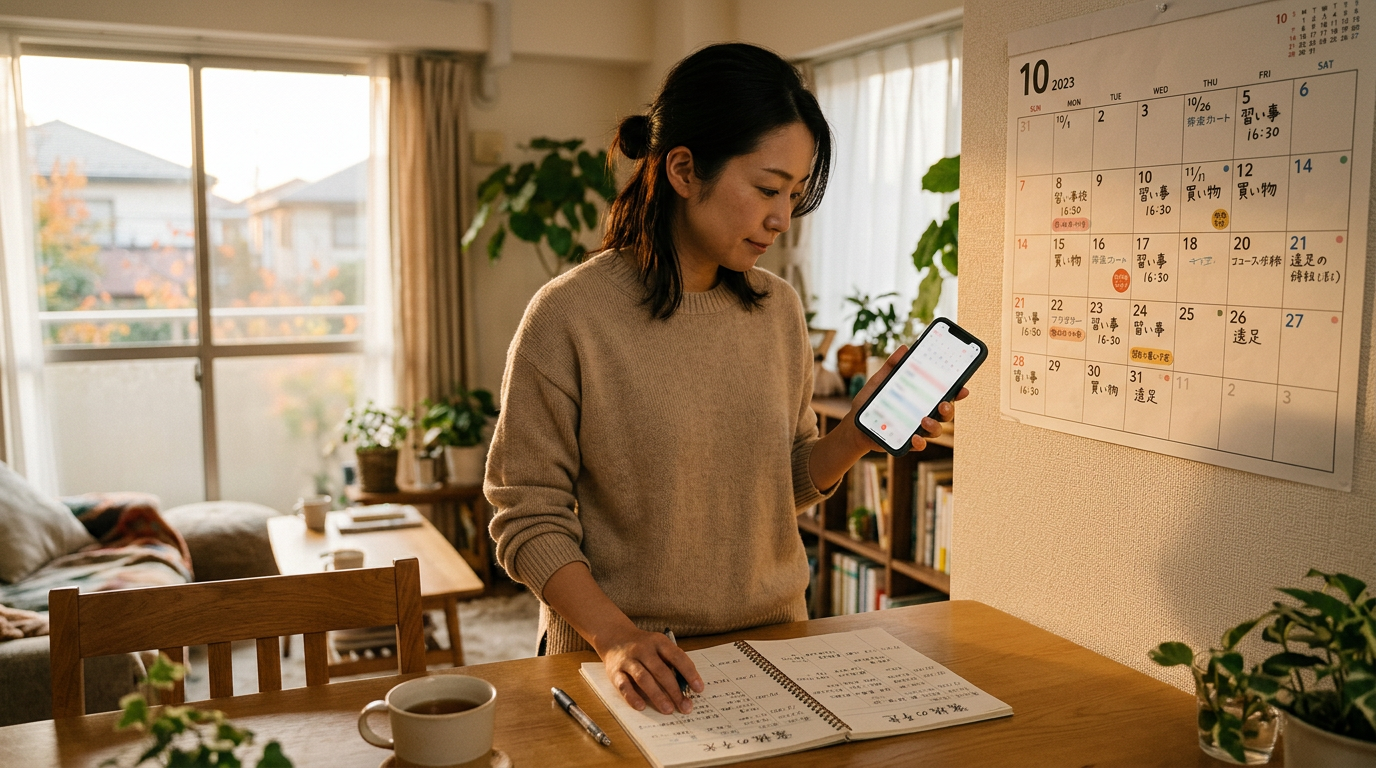家族の計画や見守りを感じさせるリアルな生活シーン。大人がスマートフォンを確認し、壁のカレンダーとノートが日課や時間帯の把握を示している。落ち着いた室内、やわらか...