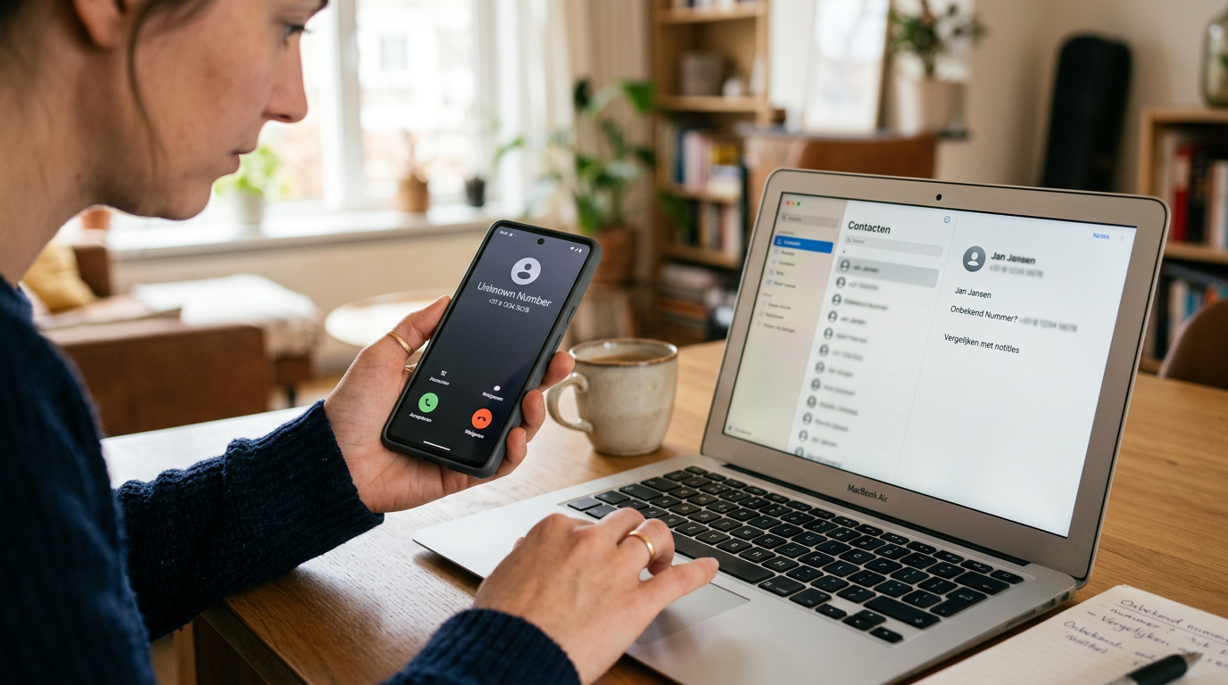 Een realistische close-up van iemand die een smartphone gebruikt naast een lapto...