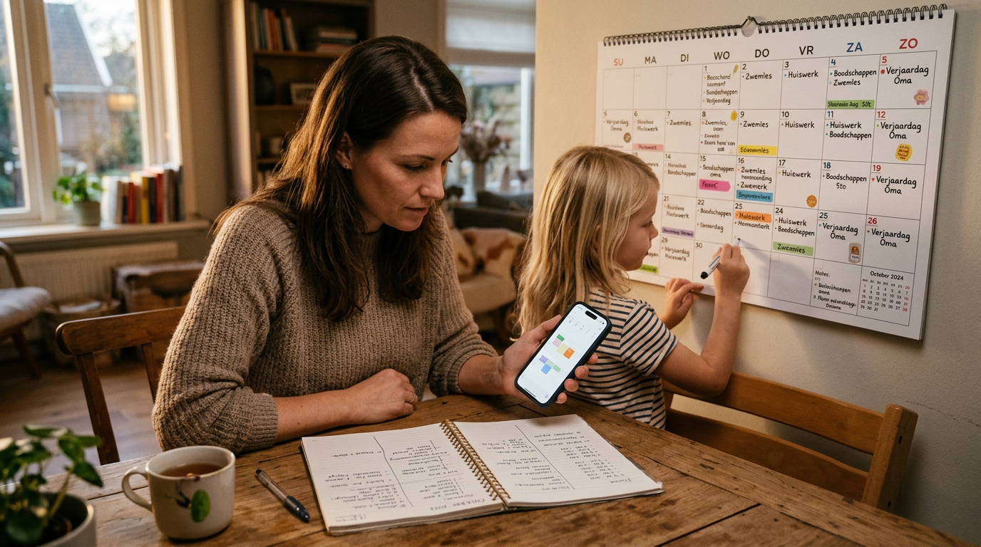 Een realistische, gezinsgerichte planningsscène waarin een volwassene een telefo...