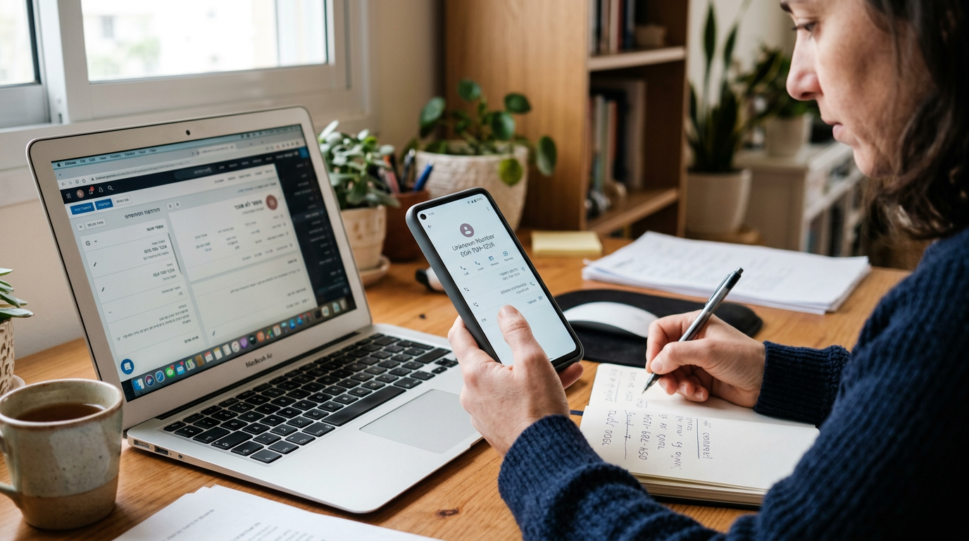 צילום תקריב ריאליסטי של אדם המשתמש בסמארטפון לצד מחשב נייד המציג ממשק מטושטש לני...