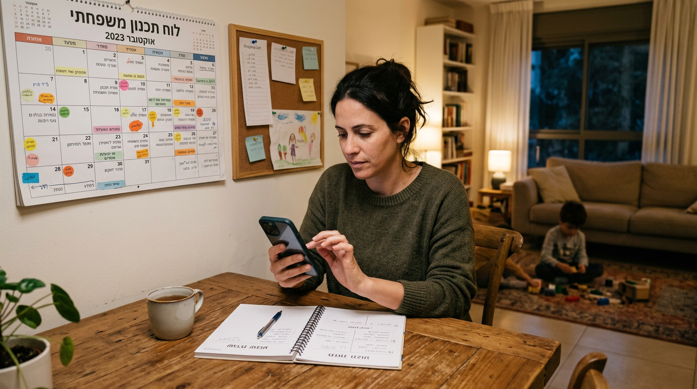 סצנת תכנון משפחתית ריאליסטית שבה מבוגר אחד בודק טלפון, בעוד לוח קיר ומחברת מרמזי...