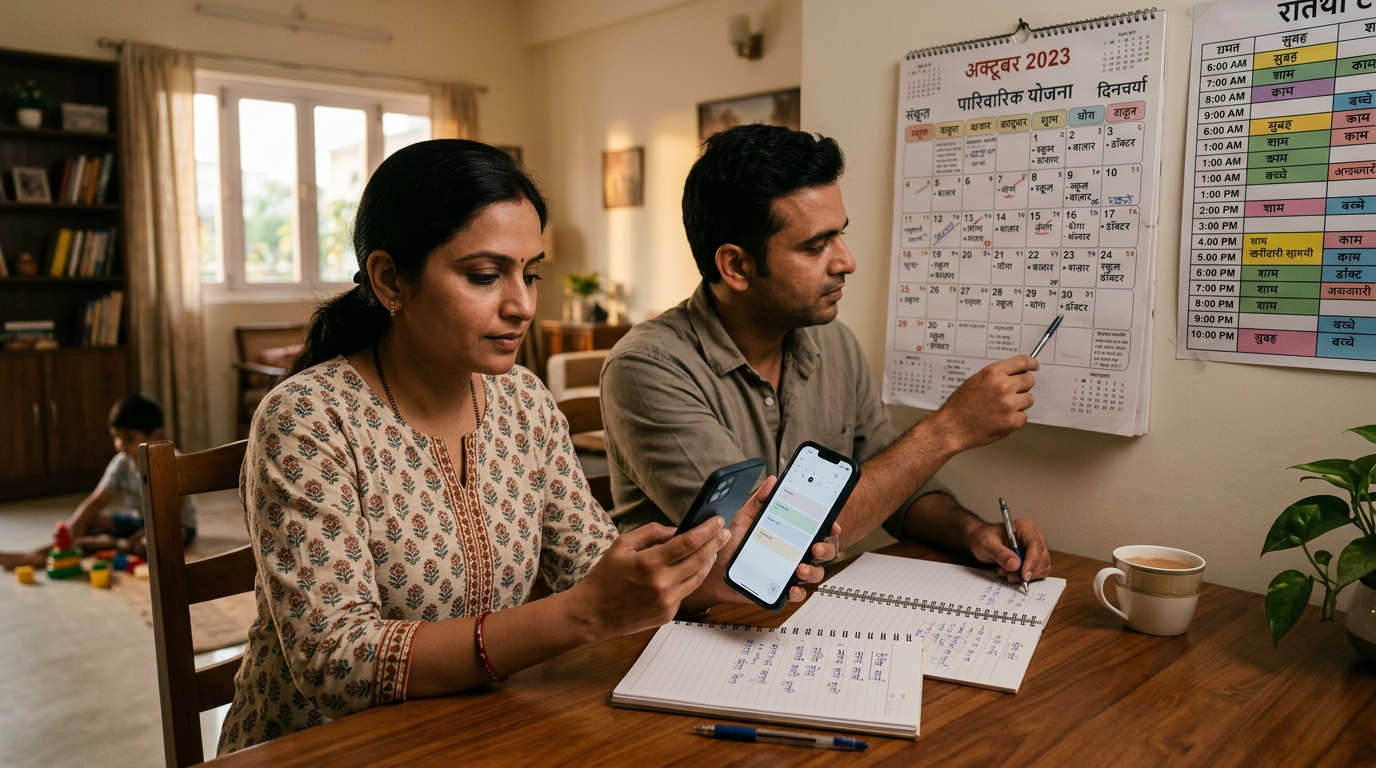 परिवार-केंद्रित योजना का यथार्थपरक दृश्य जिसमें एक वयस्क फ़ोन देख रहा है, और दीव...