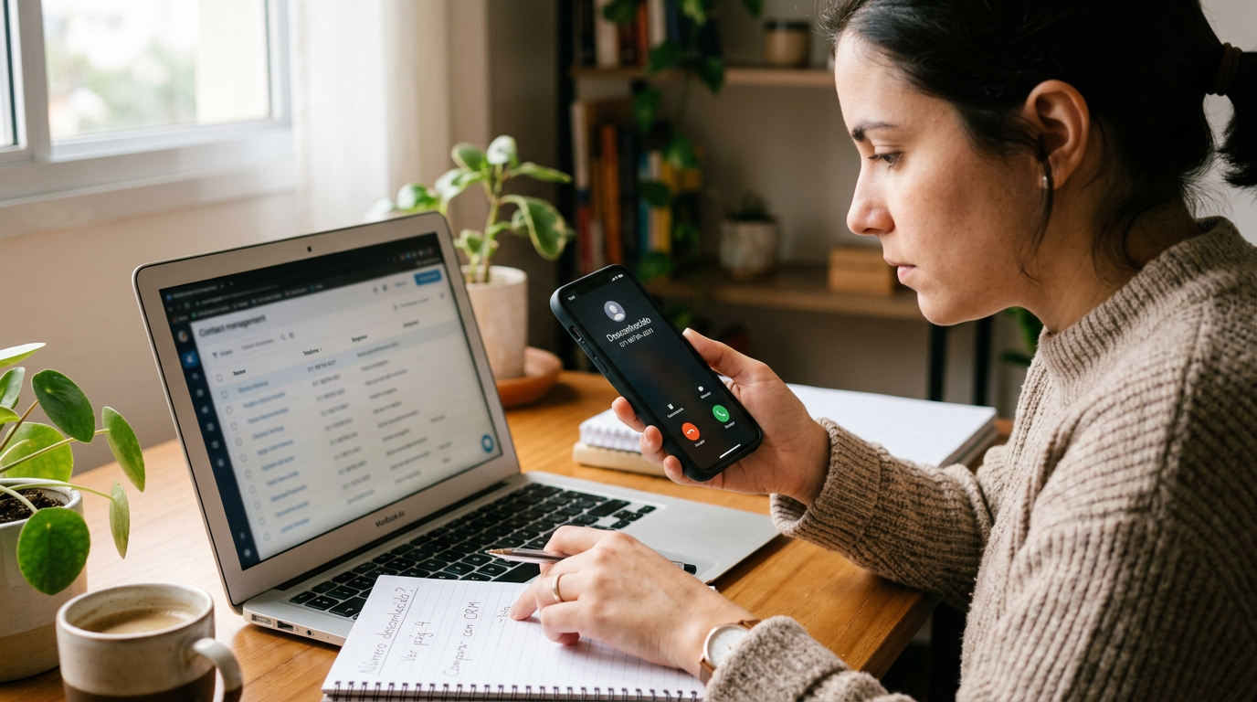 Um close realista de uma pessoa usando um smartphone ao lado de um laptop exibin...