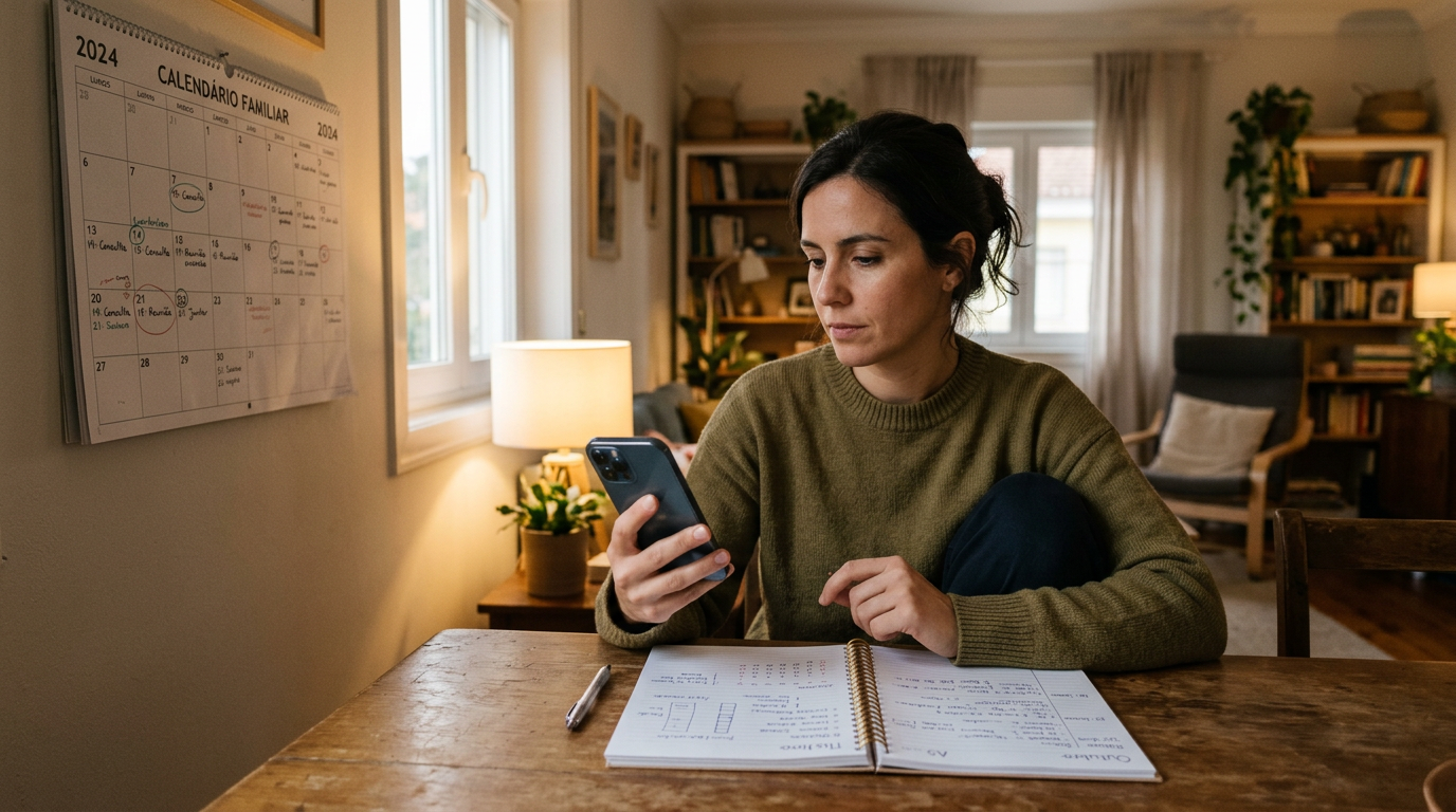 Uma cena realista de planejamento familiar com um adulto analisando um telefone ...
