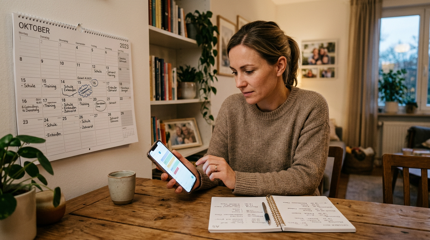 Eine realistische, familienorientierte Planungsszene: Ein Erwachsener prüft ein ...