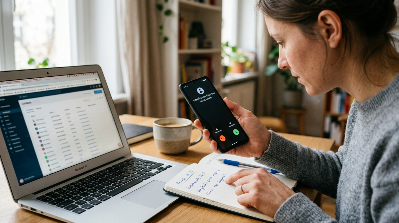 Eine realistische Nahaufnahme einer Person, die ein Smartphone neben einem Lapto...