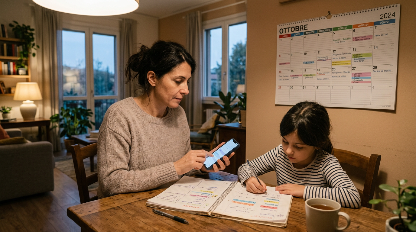 Una realistica scena familiare di pianificazione con un adulto che controlla un ...