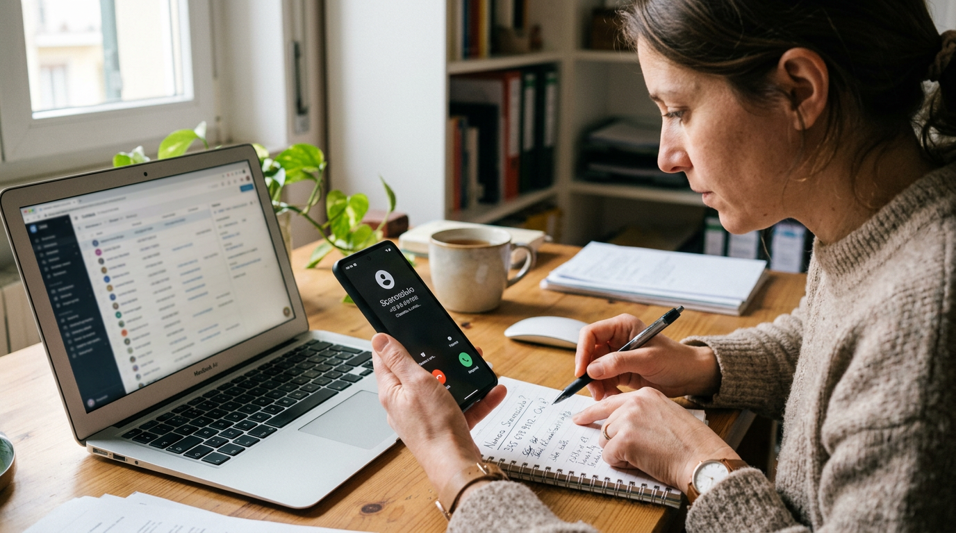 Un realistico primo piano di una persona che usa uno smartphone accanto a un lap...