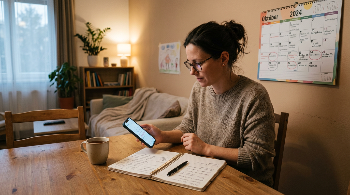 Valósághű, családközpontú tervezési jelenet, ahol egy felnőtt a telefonját nézi,...