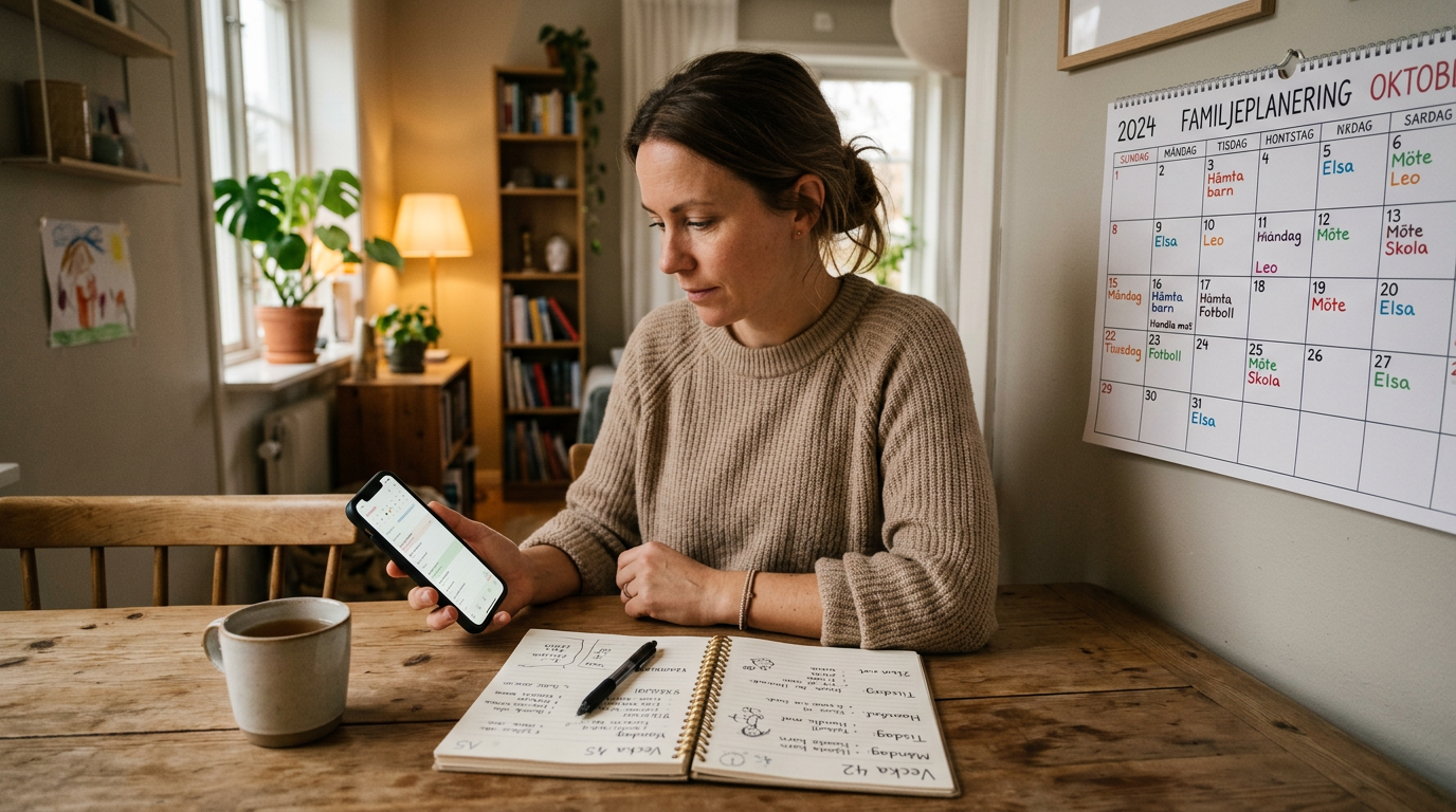 En realistisk familjeorienterad planeringsscen där en vuxen granskar en telefon ...