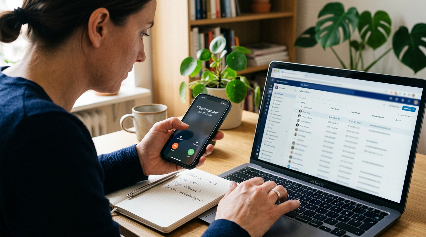 En realistisk närbild av en person som använder en smartphone bredvid en laptop ...