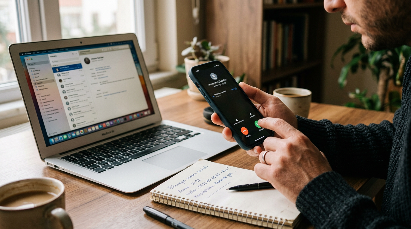 Bilinmeyen bir numarayı kontrol etme ve notları karşılaştırma anını vurgulayan, ...