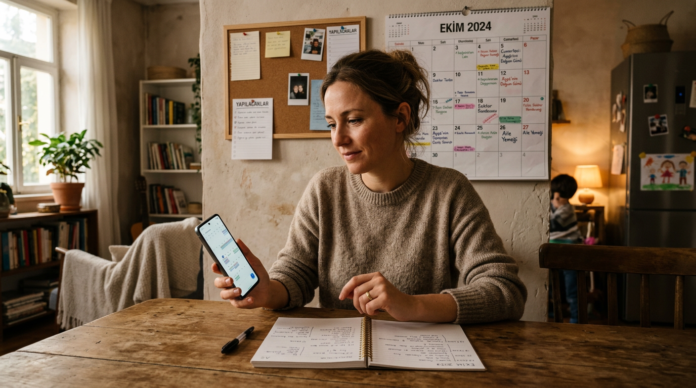 Bir yetişkinin telefonu incelerken duvardaki takvim ve not defterinin rutin taki...