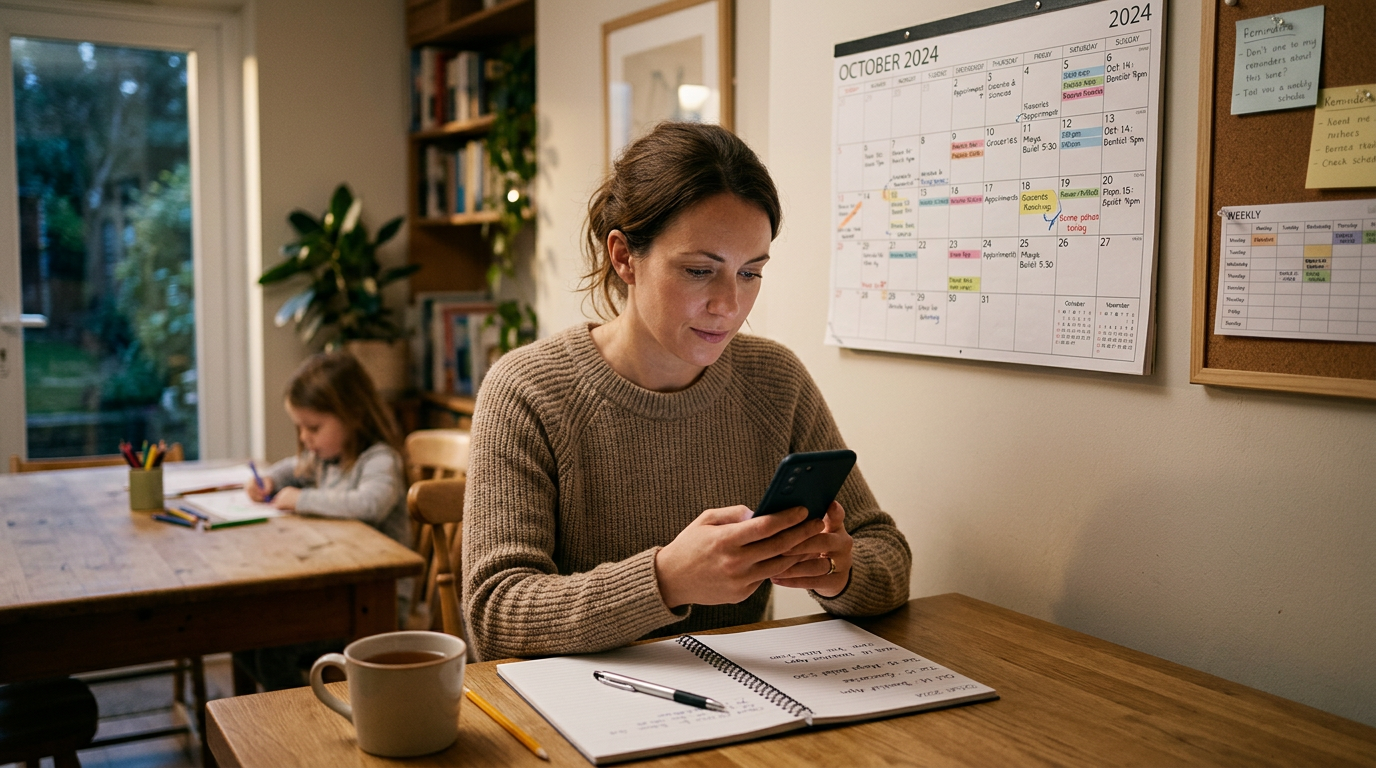 Реалистичная семейная сцена планирования: один взрослый смотрит в телефон, а нас...
