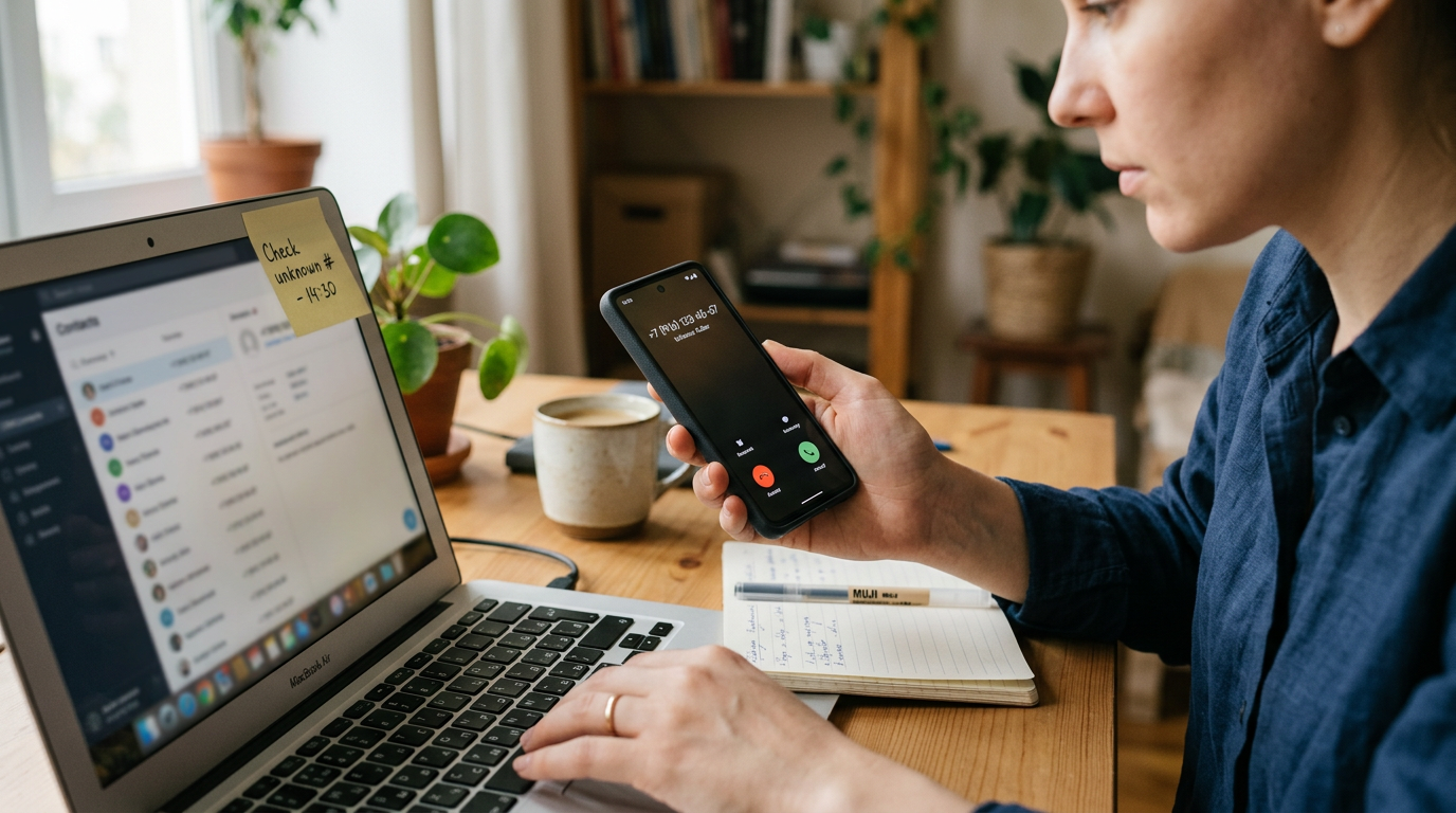 Реалистичный крупный план: человек пользуется смартфоном рядом с ноутбуком, на к...