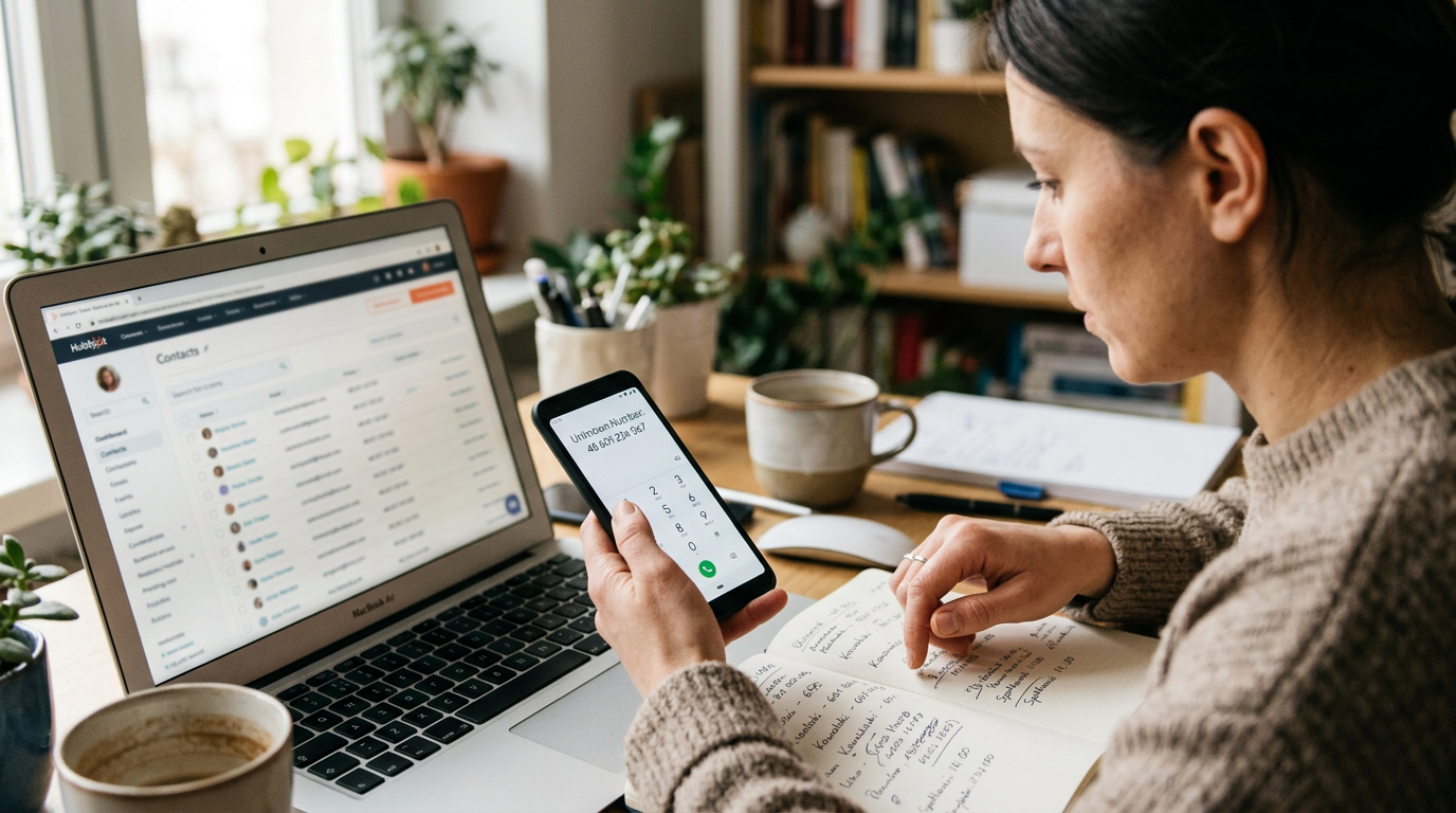 Realistyczne zbliżenie osoby korzystającej ze smartfona obok laptopa z rozmytym ...