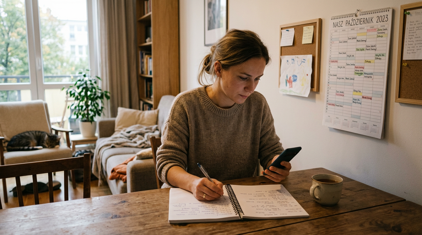 Realistyczna rodzinna scena planowania: jedna dorosła osoba przegląda telefon, a...