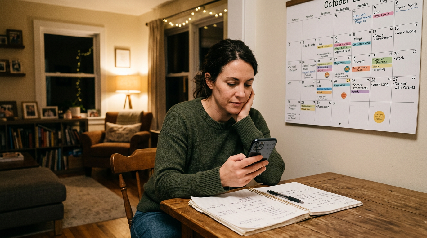 写实的家庭规划场景：一位成年人正在查看手机，背景中的墙面日历和笔记本暗示日常规律追踪与时间模式；平静的室内环境，柔和的夜间灯光，生活方式编辑摄影风格，带有低调的...