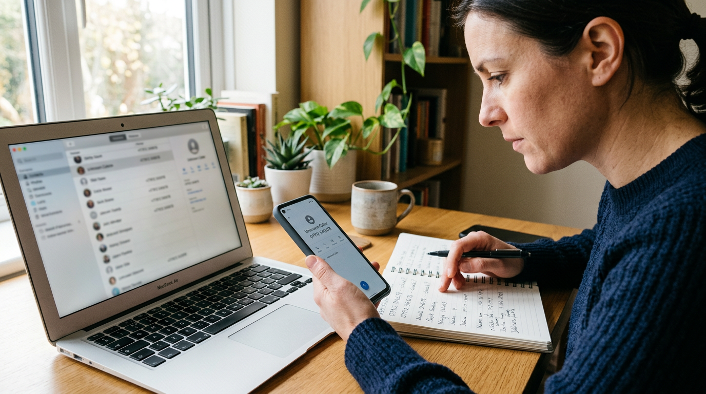 写实近景：一位用户在笔记本电脑旁使用智能手机，电脑屏幕显示模糊的联系人管理界面，突出检查陌生号码并对照笔记的瞬间；家庭办公室环境，自然日光，抓拍式编辑摄影，手部...
