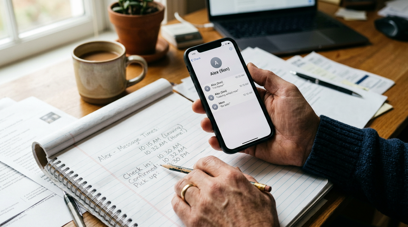 Yakın planda, bir ebeveynin elinde genel bir kişi kontrol ekranı gösteren akıllı telefon...