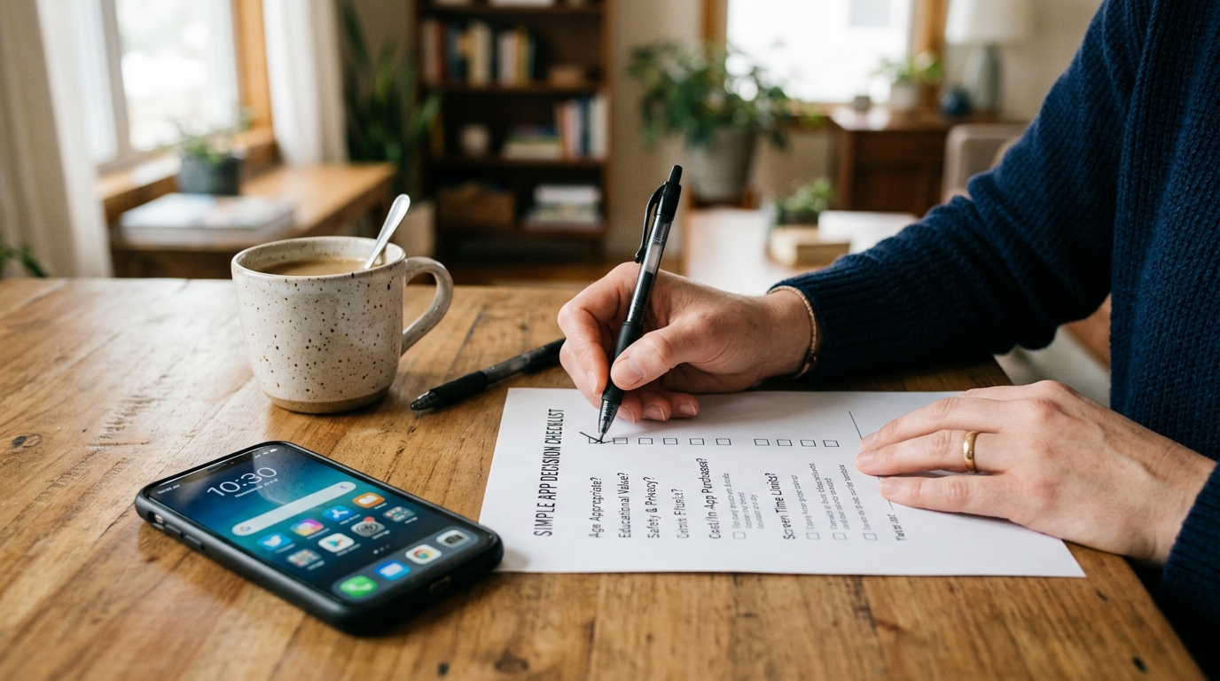 一位家长在手机旁查看简洁应用决策清单的真实近景