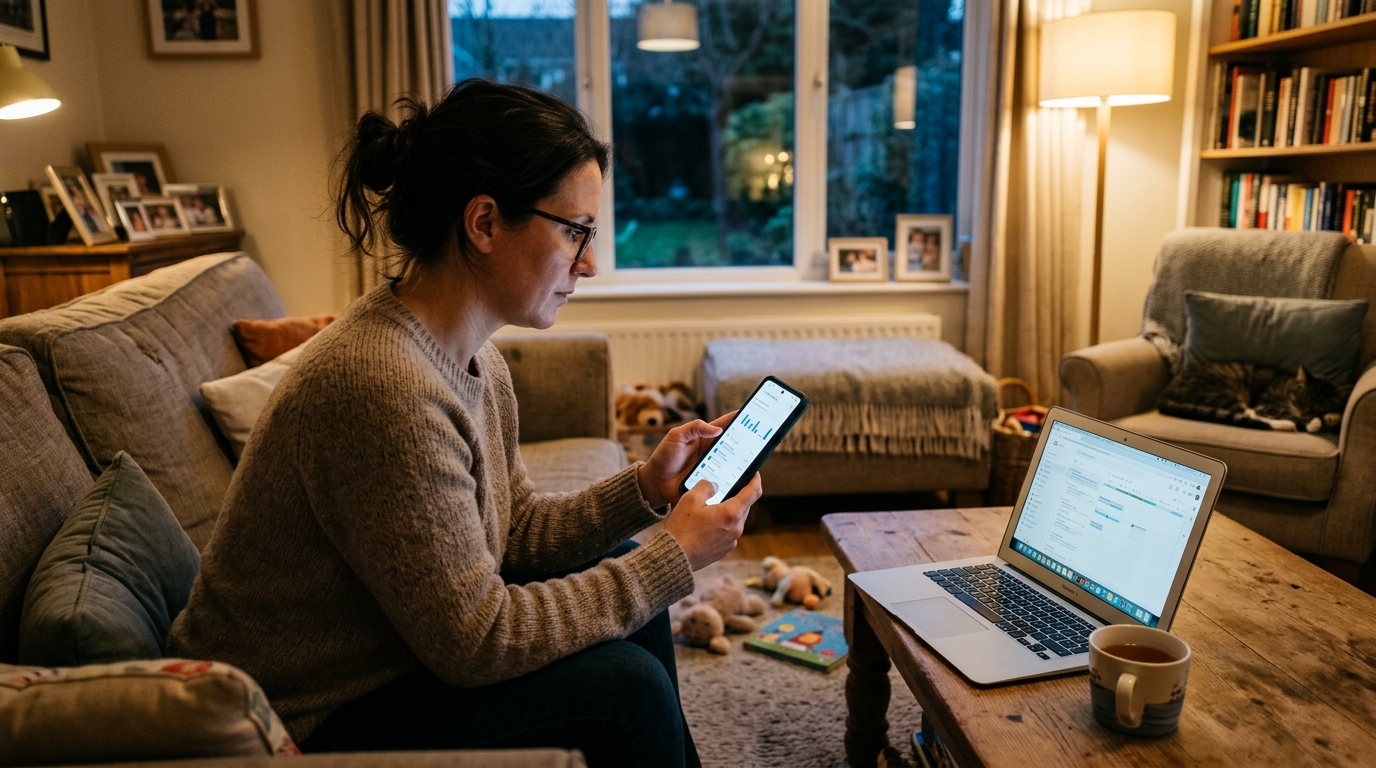 一位家长在客厅查看手机上消息活动模式的真实场景