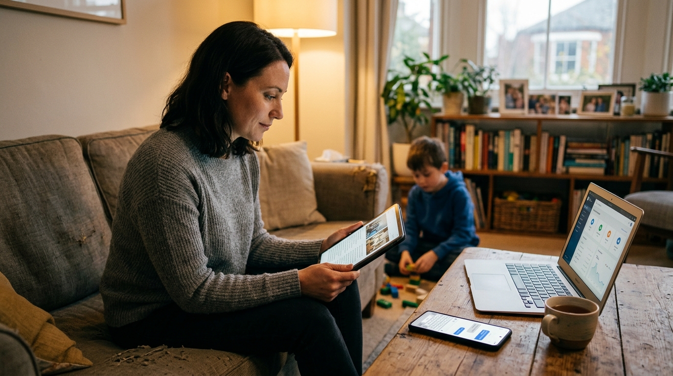 סצנה משפחתית-טכנולוגית מציאותית שבה מבוגר מביט בטאבלט בזמן שסמארטפון מציג פעילות במסרים